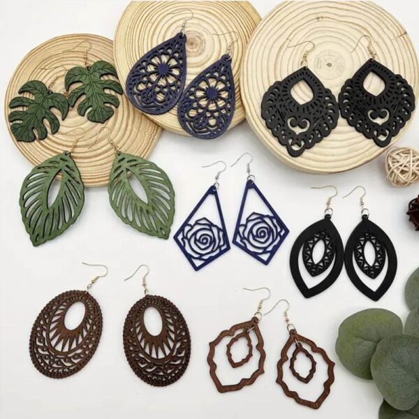 Carved Pattern Wooden Earrings